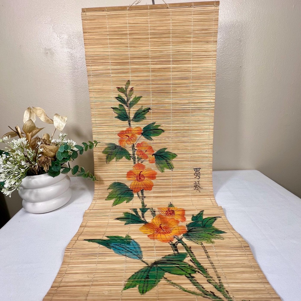 Vintage Asian Hand Painted Floral Bamboo Hanging Scroll Tapestry